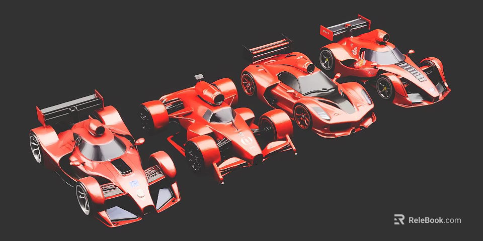 Four Red Race Car Models Arranged Together In Stylish 3d model