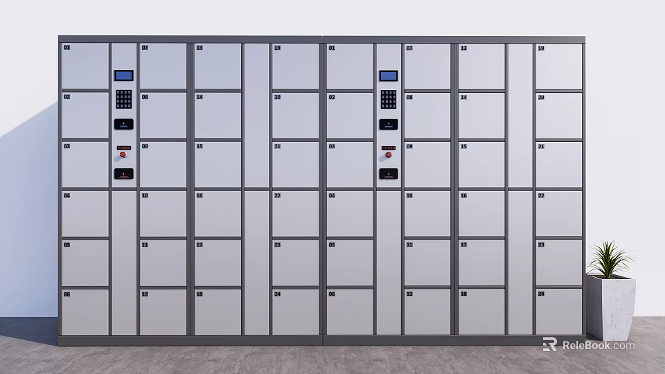 Modern Metal Storage Lockers with Digital Keypad Locks Arranged in a Row 3d model 