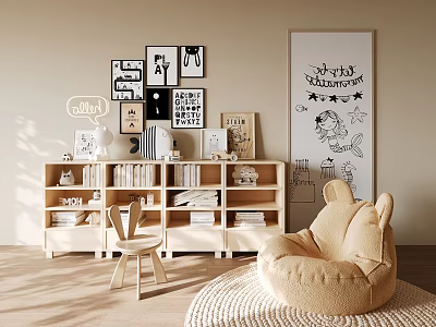 Bookshelf in Children's Room with Cartoon Decorations Small Chair and Bean Bag 3d model