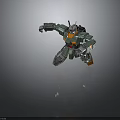 Metallic Armored Mech Warrior In Battle Stance With Green Orange Armor And Detailed Limbs