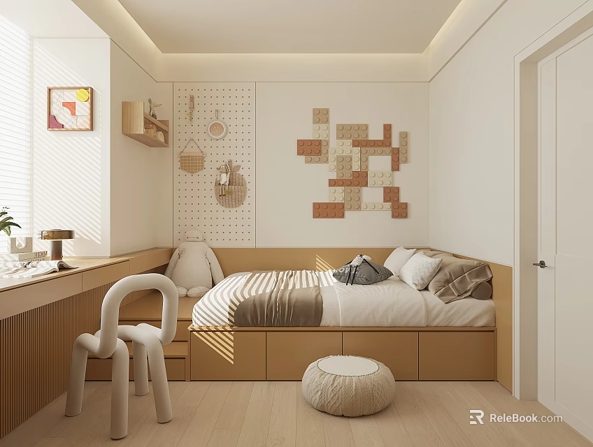 Minimalist Tatami Bedroom Interior With Wooden Bed Desk Decorative Wall And Natural Light 3d model 