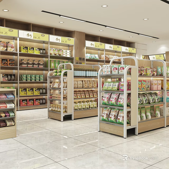 Well Organized Supermarket Interior With Shelves Displaying Various General Merchandise Products 3d model 