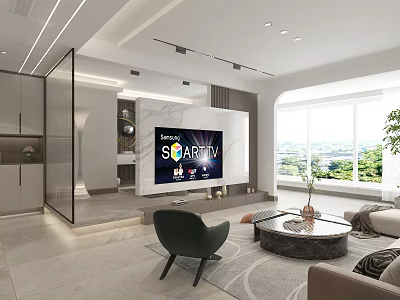 Modern Living and Dining Area Interior With Gray Sofa Marble Coffee Table TV And Large Windows 3d model