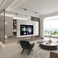 Modern Living and Dining Area Interior With Gray Sofa Marble Coffee Table TV And Large Windows