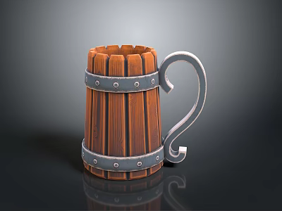 Wooden Striped Household Mug With Metal Accents And Curved Handle 3d model