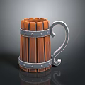 Wooden Striped Household Mug With Metal Accents And Curved Handle
