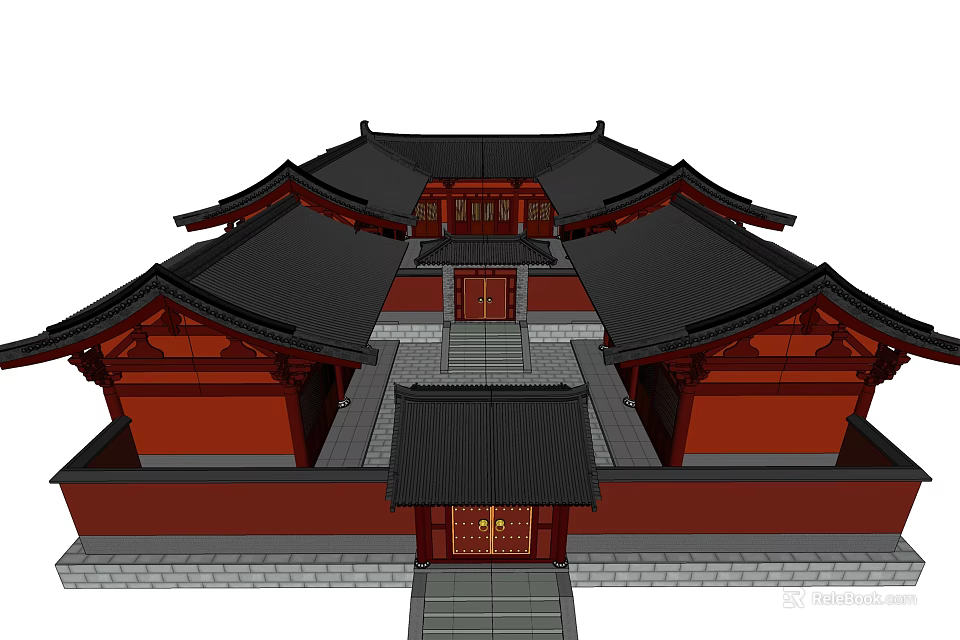 Ancient Chinese Architecture With Overhanging Eaves Black Roofs Red Walls And Courtyard 3d model 