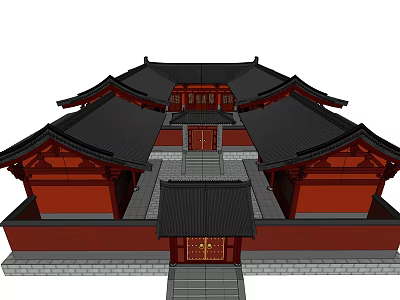 Ancient Chinese Architecture With Overhanging Eaves Black Roofs Red Walls And Courtyard 3d model
