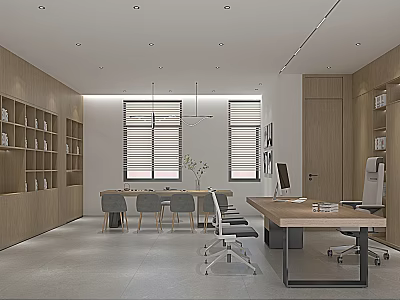 Modern Office Interior With Wooden Walls Bookshelves Large Windows Long Meeting Table And Office Chairs 3d model