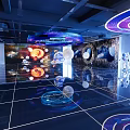 Hi Tech Exhibition Hall With Blue Illumination Interactive Screens Central Installation And Reflective Floor