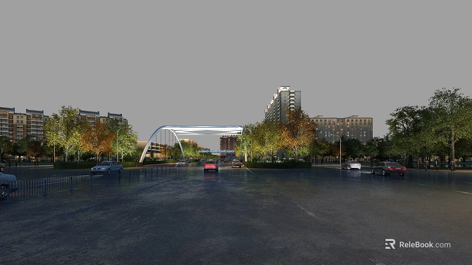 Modern Urban Road Infrastructure With Arched Bridge Vehicles Trees And Buildings 3d model 