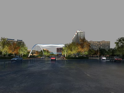 Modern Urban Road Infrastructure With Arched Bridge Vehicles Trees And Buildings 3d model