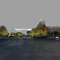 Modern Urban Road Infrastructure With Arched Bridge Vehicles Trees And Buildings