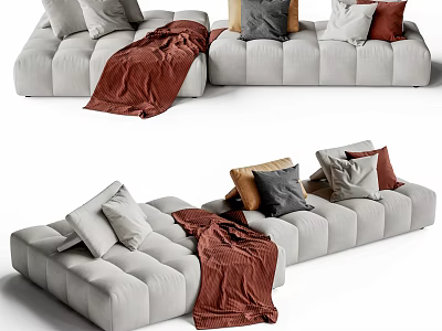 Gray Sectional Sofa With Decorative Pillows And Burgundy Blanket For Living Room 3d model