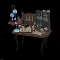 Vintage Wooden Desk Setup With Open Book Bottles Lamp Shelf And Papers