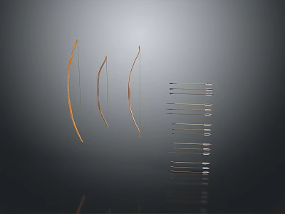 Traditional Bow and Arrow Weapons with Three Curved Bows and Arrows on Dark Background 3d model