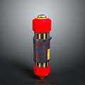 Red Cylindrical Household Container With Black Yellow Accents And Silver Top