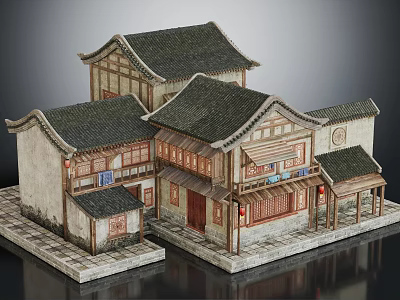 Traditional Chinese Architecture Model With Tiled Roofs Overhanging Eaves And Wooden Structures 3d model