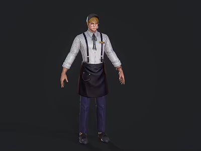 Man Wearing Striped Shirt Black Apron And Suspenders As Restaurant Waiter 3d model