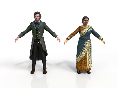Vintage Male Female Historical Characters Wearing Traditional Long Coat And Floral Patterned Dress 3d model