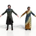 Vintage Male Female Historical Characters Wearing Traditional Long Coat And Floral Patterned Dress