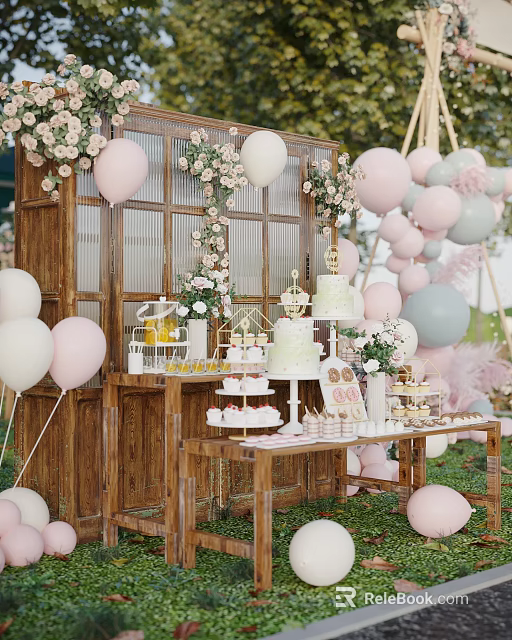 Pastel Balloons And Flower Decorated Wooden Backdrop With Layered Cake Desserts And Drinks Party Setup 3d model 