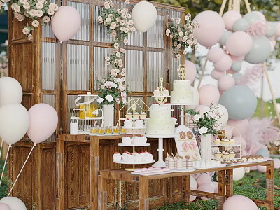 Pastel Balloons And Flower Decorated Wooden Backdrop With Layered Cake Desserts And Drinks Party Setup 3d model