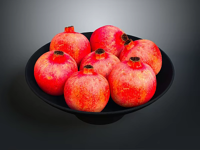 Vibrant Red Ripe Pomegranates Placed On A Black Plate For Fresh 3d model
