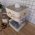 Beige Coffee Machine With Grinder Coffee Beans And Cup On Wooden Countertop Tile Wall