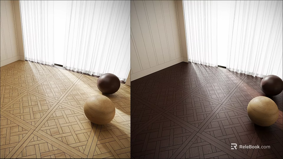 Geometric Patterned Wooden Flooring In Light And Dark Tones With Decorative Balls And Curtains 3d model 
