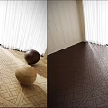 Geometric Patterned Wooden Flooring In Light And Dark Tones With Decorative Balls And Curtains