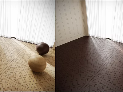 Geometric Patterned Wooden Flooring In Light And Dark Tones With Decorative Balls And Curtains 3d model