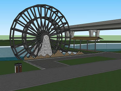 Large Ferris Wheel Shaped Garden Ornament With Water Area Walkway And Pavilion 3d model