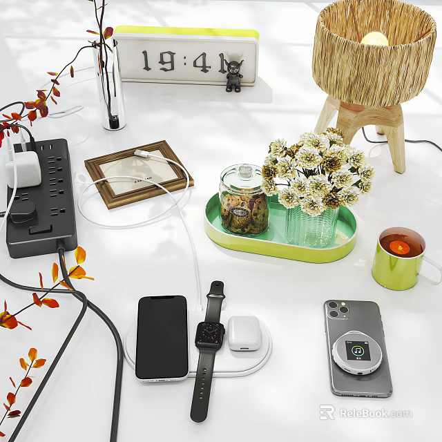 Decorative Ornament Set with Dried Flowers Rattan Lamp Green Tray and Smart Devices for Desktop 3d model 