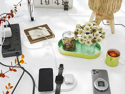 Decorative Ornament Set with Dried Flowers Rattan Lamp Green Tray and Smart Devices for Desktop 3d model