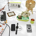 Decorative Ornament Set with Dried Flowers Rattan Lamp Green Tray and Smart Devices for Desktop