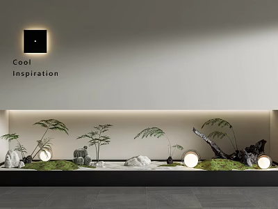 Minimalist Indoor Landscape With Green Plants Stones White Sand Round Lights And Black Square Decor 3d model