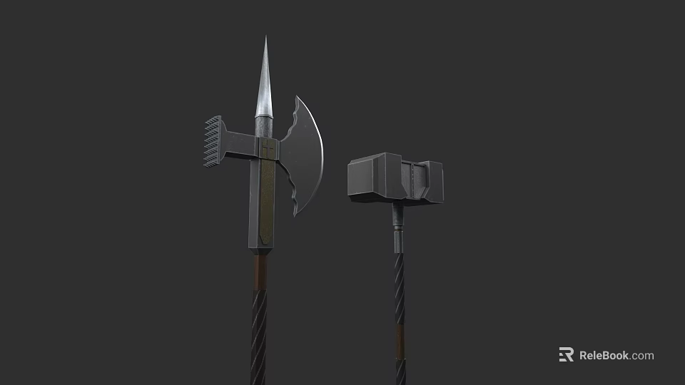 3D Model Ancient Battle Weapons Axe With Metal Blade And Hammer With Wooden Handle 3d model 
