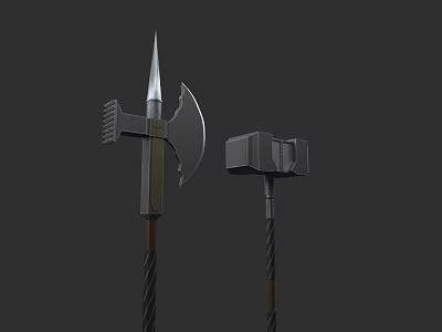 3D Model Ancient Battle Weapons Axe With Metal Blade And Hammer With Wooden Handle 3d model