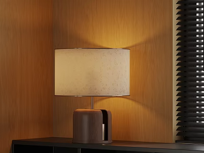 Table Lamp With Wooden Base And Beige Patterned Shade On Black Shelf Near Window Blinds 3d model