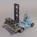 Blue Forklift With Tall Lifting Forks Yellow Black Warning Stripes Operator Cab And Large Wheels