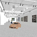Contemporary Exhibition Hall Interior Design With Displayed Car Wall Paintings And Ceiling Lights