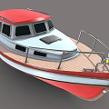 Red And White Wooden Boat With Wooden Deck Cabin Windows And Metal Railings