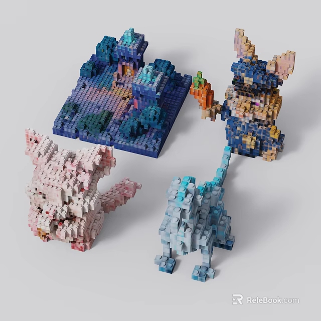 Pink Blue Colorful Building Block Animal Models With Miniature Design And Detailed Features 3d model 
