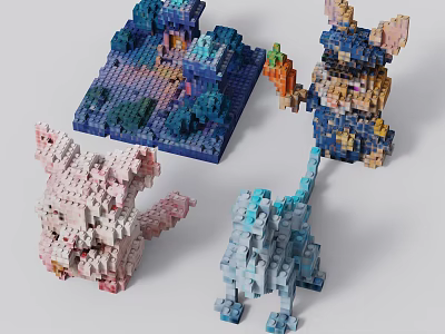 Pink Blue Colorful Building Block Animal Models With Miniature Design And Detailed Features 3d model