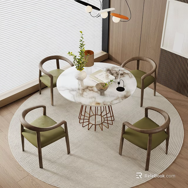 Modern Round Dining Table Set With Marble Top And Four Green Upholstered Chairs 3d model