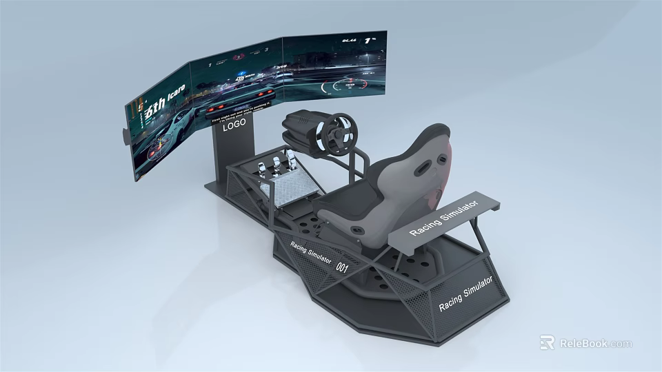 Professional Racing Simulator Setup With Multiple Screens Steering Wheel And Comfortable Seat 3d model 