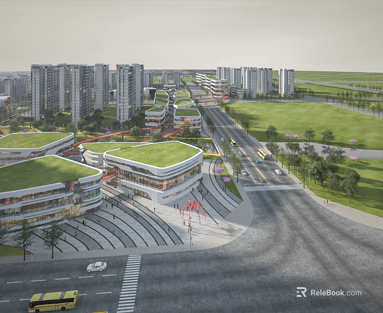 Aerial Urban Planning View With Modern Buildings Green Roofs And Green Spaces 3d model 