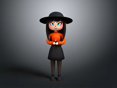 Game Movie Character In Black Witch Hat Orange Top And Black Dress With Crossed Hands 3d model