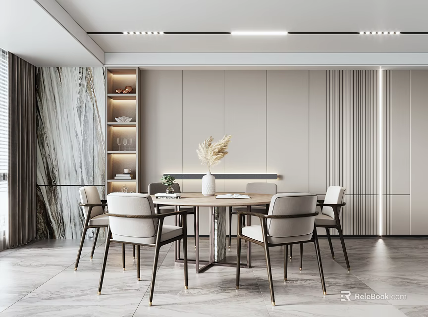 Modern Restaurant Interior With Round Dining Table Beige Chairs And Marble Wall Decor 3d model